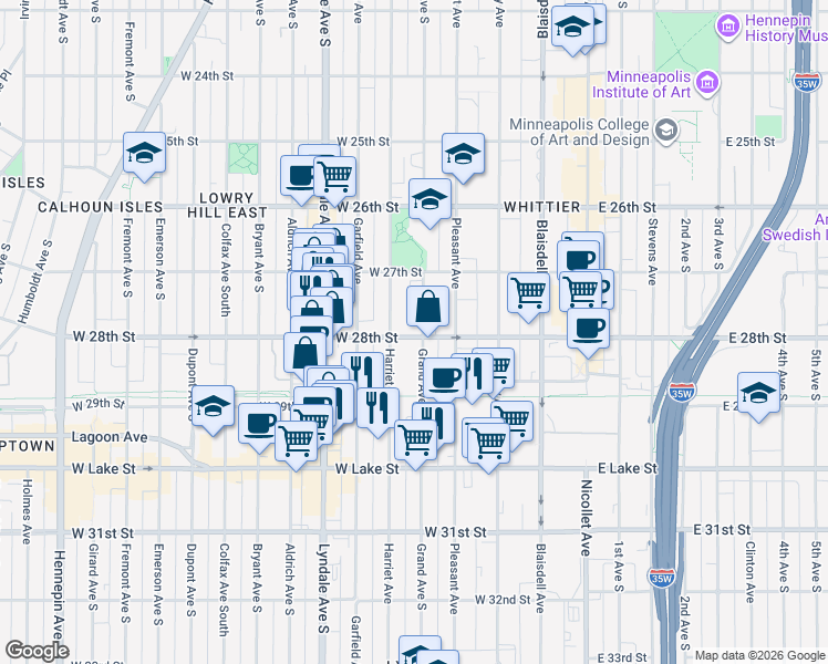 map of restaurants, bars, coffee shops, grocery stores, and more near in Minneapolis