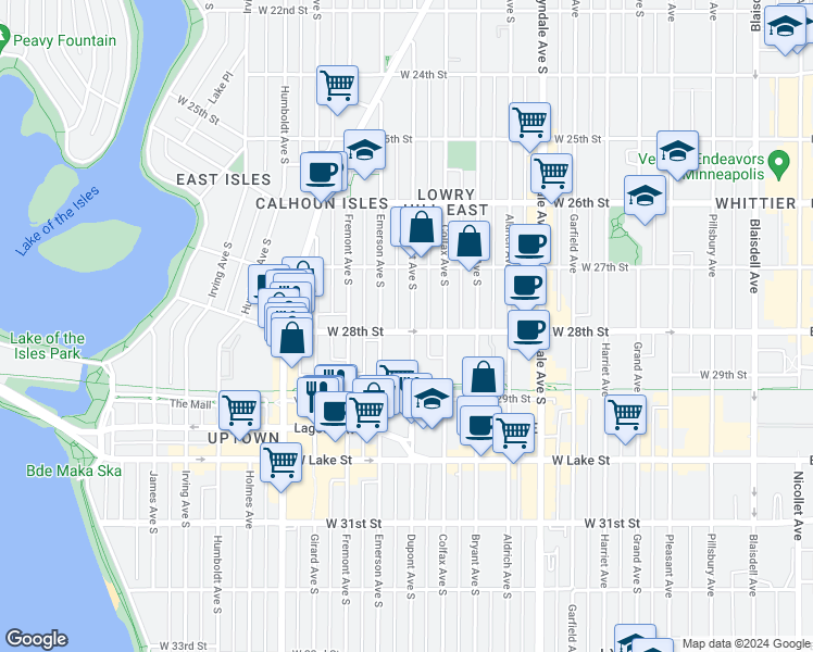 map of restaurants, bars, coffee shops, grocery stores, and more near 2755 Emerson Avenue South in Minneapolis