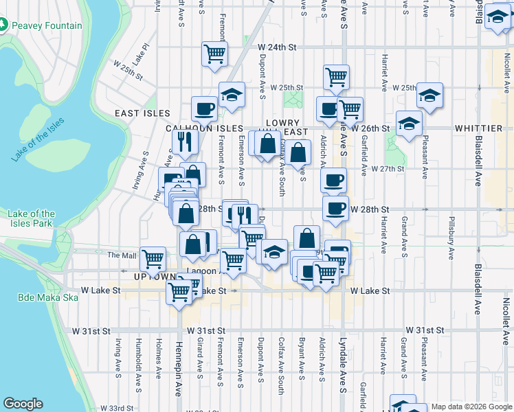 map of restaurants, bars, coffee shops, grocery stores, and more near 2755 Emerson Avenue South in Minneapolis