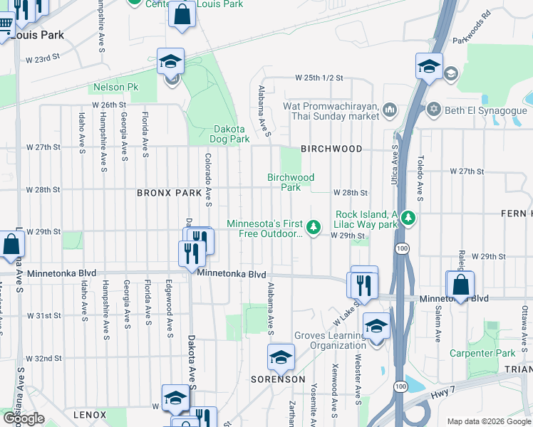 map of restaurants, bars, coffee shops, grocery stores, and more near 2841 Alabama Avenue South in Minneapolis