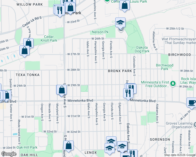 map of restaurants, bars, coffee shops, grocery stores, and more near 2838 Hampshire Avenue South in Minneapolis