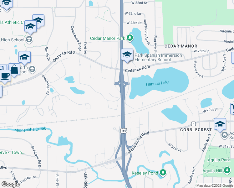map of restaurants, bars, coffee shops, grocery stores, and more near 2828 Jordan Avenue South in Minnetonka