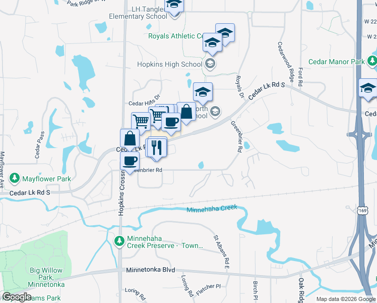 map of restaurants, bars, coffee shops, grocery stores, and more near 10531 Cedar Lake Road in Hopkins
