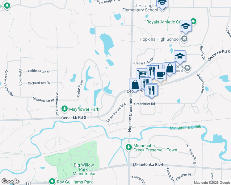 map of restaurants, bars, coffee shops, grocery stores, and more near 2685 Snowmass Circle in Hopkins