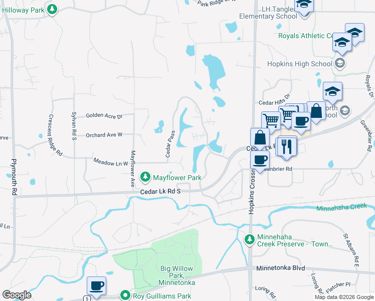 map of restaurants, bars, coffee shops, grocery stores, and more near 11475 Telluride Trail in Hopkins