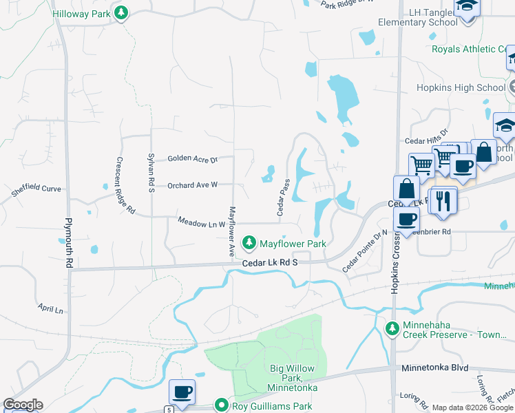 map of restaurants, bars, coffee shops, grocery stores, and more near 11674 Cedar Pass in Hopkins