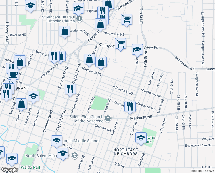 map of restaurants, bars, coffee shops, grocery stores, and more near 1390 Jefferson St NE in Salem