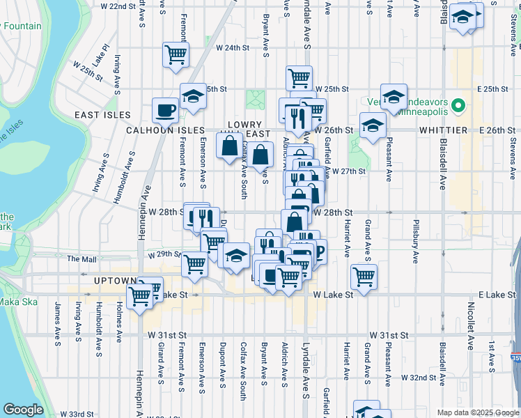 map of restaurants, bars, coffee shops, grocery stores, and more near 2752 Bryant Avenue South in Minneapolis