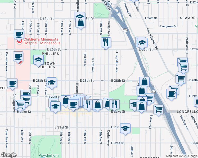 map of restaurants, bars, coffee shops, grocery stores, and more near 2750 18th Avenue South in Minneapolis