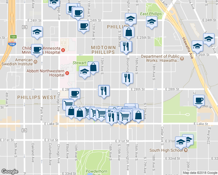 map of restaurants, bars, coffee shops, grocery stores, and more near 2742 14th Avenue South in Minneapolis