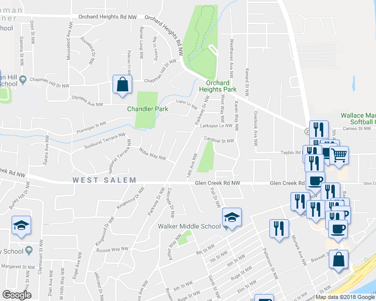 map of restaurants, bars, coffee shops, grocery stores, and more near 1242 Parkway Drive Northwest in Salem