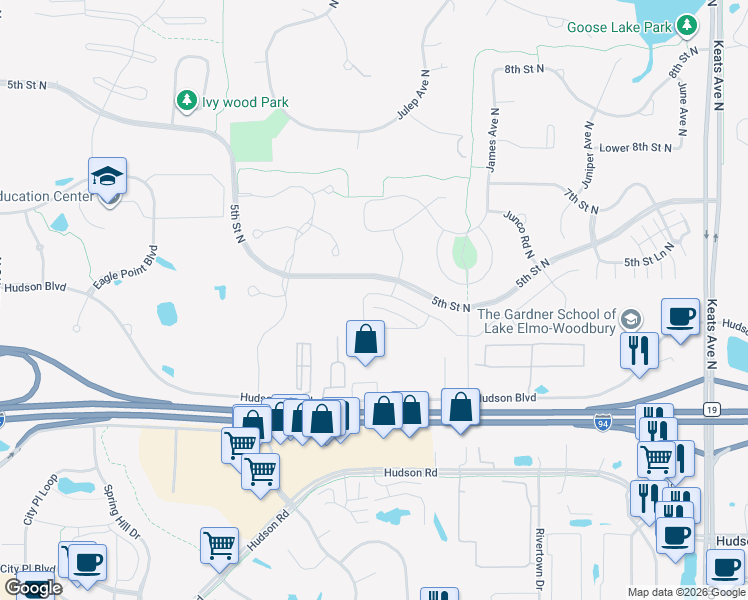 map of restaurants, bars, coffee shops, grocery stores, and more near 9220 Hudson Boulevard North in Lake Elmo