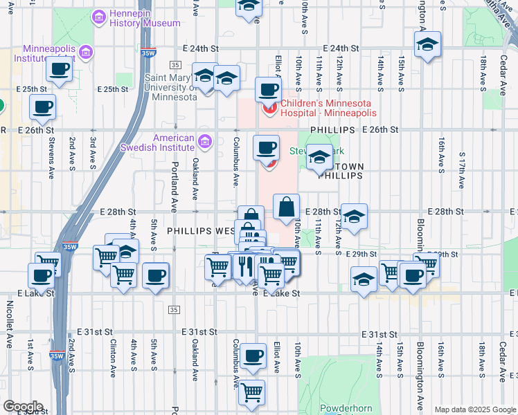 map of restaurants, bars, coffee shops, grocery stores, and more near 800e East 28th Street in Minneapolis