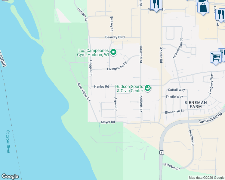map of restaurants, bars, coffee shops, grocery stores, and more near 1503 Pinewood Lane in Hudson