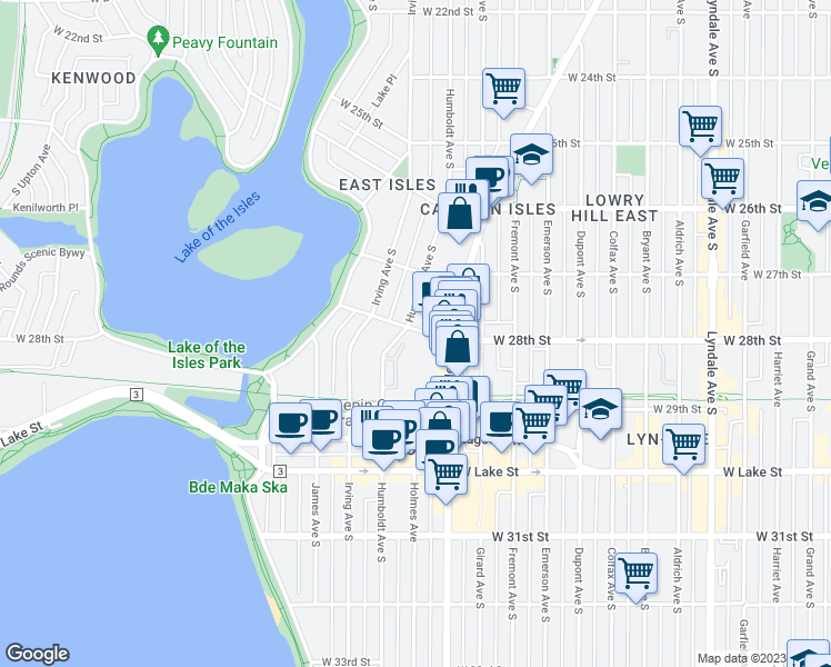 map of restaurants, bars, coffee shops, grocery stores, and more near 1501 West 28th Street in Minneapolis