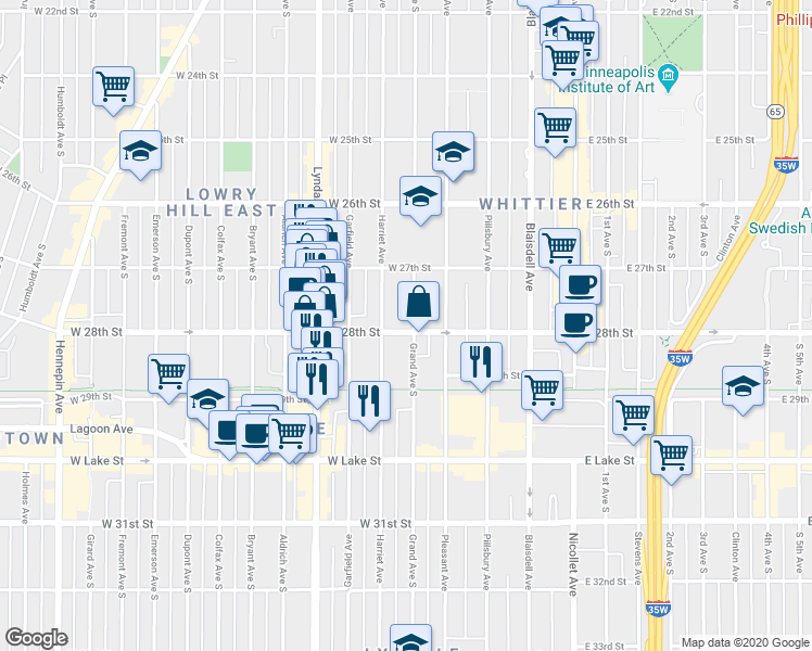 map of restaurants, bars, coffee shops, grocery stores, and more near in Minneapolis