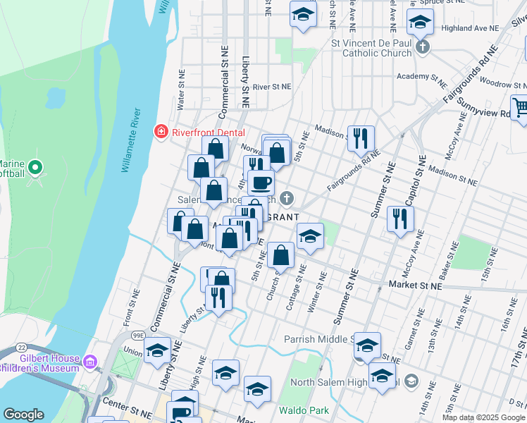map of restaurants, bars, coffee shops, grocery stores, and more near 1340 Broadway Street Northeast in Salem