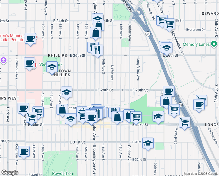 map of restaurants, bars, coffee shops, grocery stores, and more near 2744 South 17th Avenue in Minneapolis