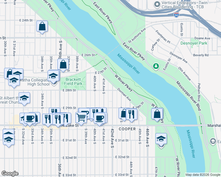 map of restaurants, bars, coffee shops, grocery stores, and more near 2752 42nd Avenue South in Minneapolis