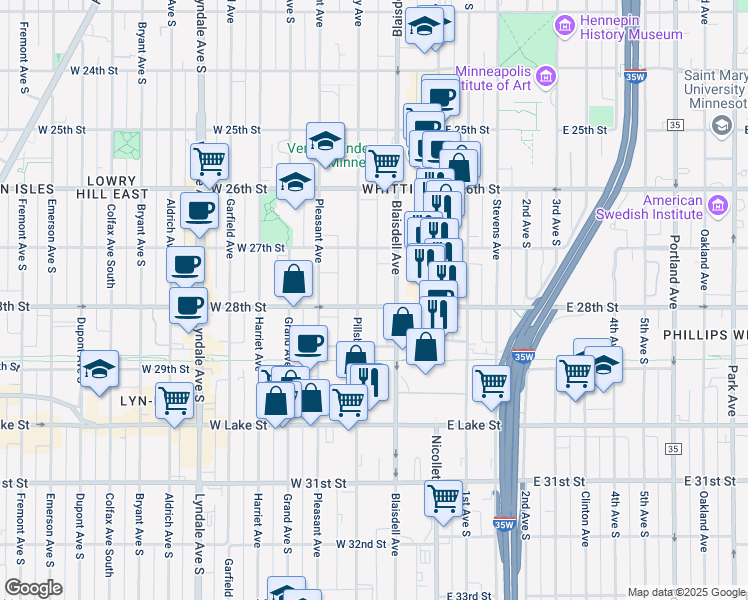 map of restaurants, bars, coffee shops, grocery stores, and more near 116 West 28th Street in Minneapolis