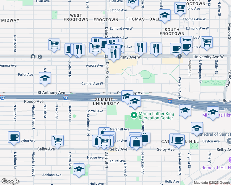 map of restaurants, bars, coffee shops, grocery stores, and more near 581 Saint Anthony Avenue in Saint Paul
