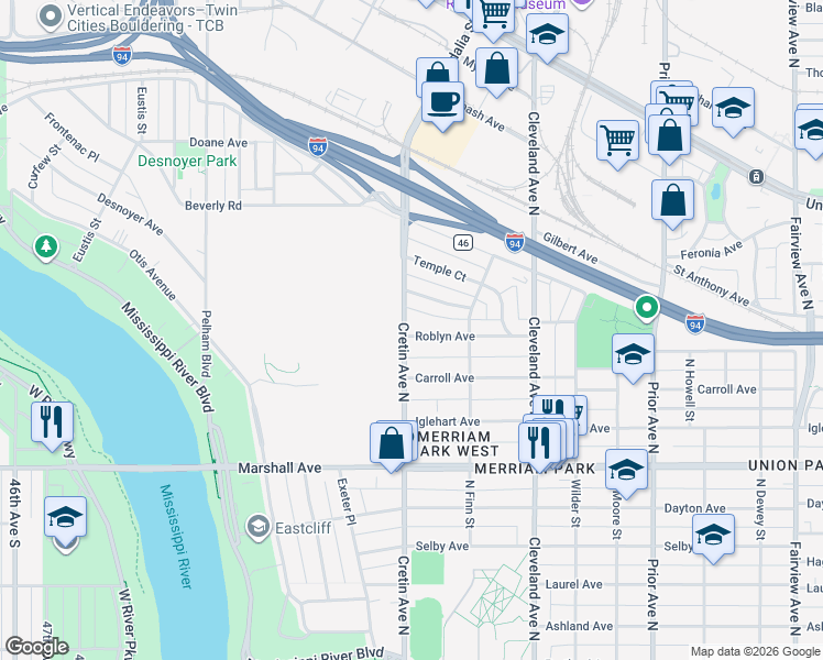 map of restaurants, bars, coffee shops, grocery stores, and more near 352 Cretin Avenue North in Saint Paul