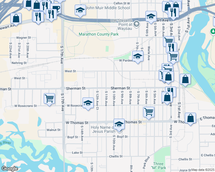map of restaurants, bars, coffee shops, grocery stores, and more near 833 S 11th Ave in Wausau