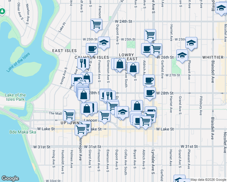 map of restaurants, bars, coffee shops, grocery stores, and more near 2755 Emerson Avenue South in Minneapolis