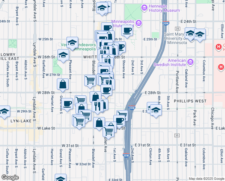 map of restaurants, bars, coffee shops, grocery stores, and more near 2740 1st Avenue South in Minneapolis
