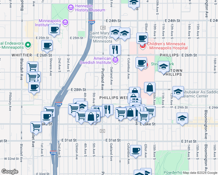 map of restaurants, bars, coffee shops, grocery stores, and more near 2748 Oakland Avenue in Minneapolis