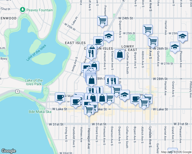 map of restaurants, bars, coffee shops, grocery stores, and more near 1402 West 28th Street in Minneapolis