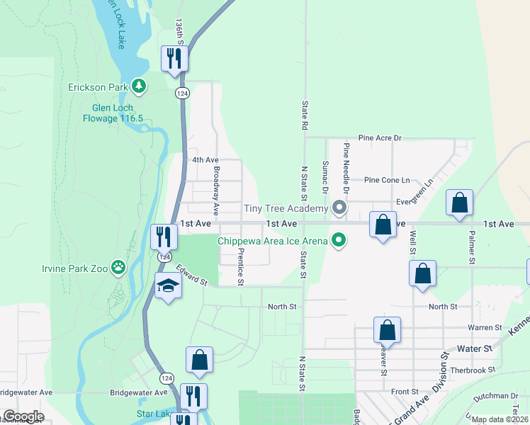 map of restaurants, bars, coffee shops, grocery stores, and more near 505 1st Avenue in Chippewa Falls