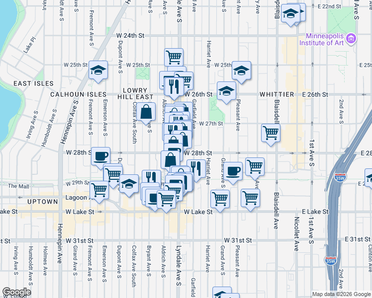 map of restaurants, bars, coffee shops, grocery stores, and more near 2743 Lyndale Avenue South in Minneapolis