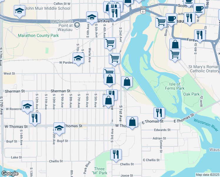 map of restaurants, bars, coffee shops, grocery stores, and more near 306 Sherman Street in Wausau
