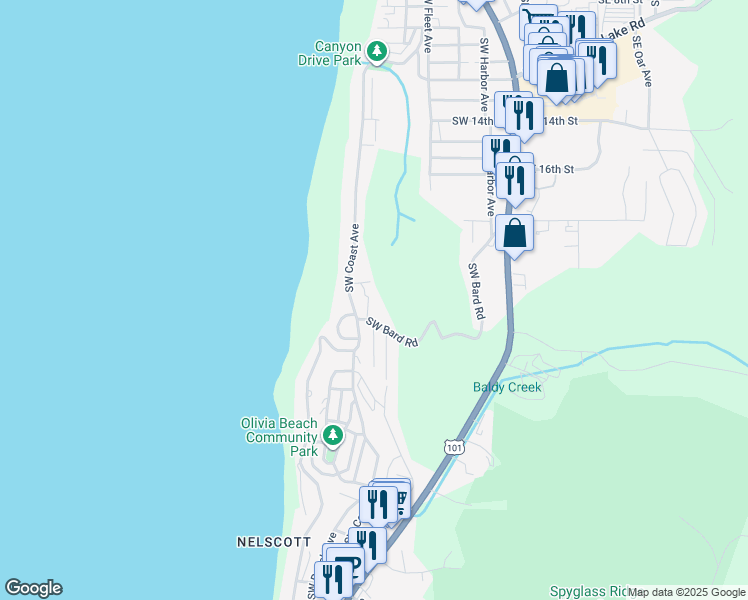 map of restaurants, bars, coffee shops, grocery stores, and more near 715 Southwest Bard Road in Lincoln City