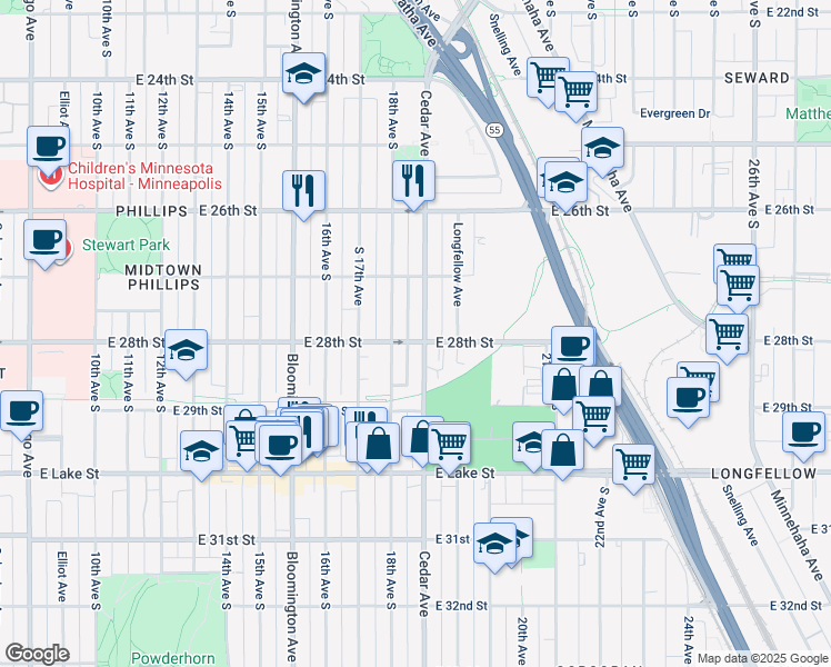 map of restaurants, bars, coffee shops, grocery stores, and more near 2750 Cedar Avenue South in Minneapolis