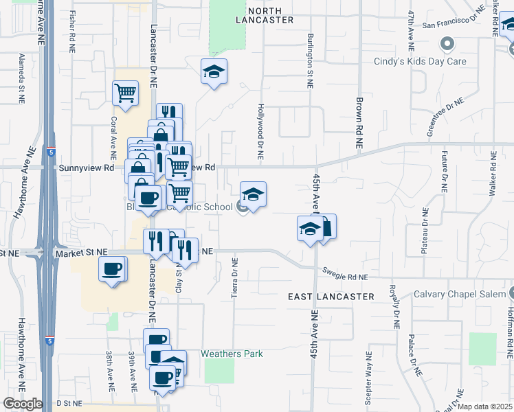 map of restaurants, bars, coffee shops, grocery stores, and more near 4373 Market Street Northeast in Salem