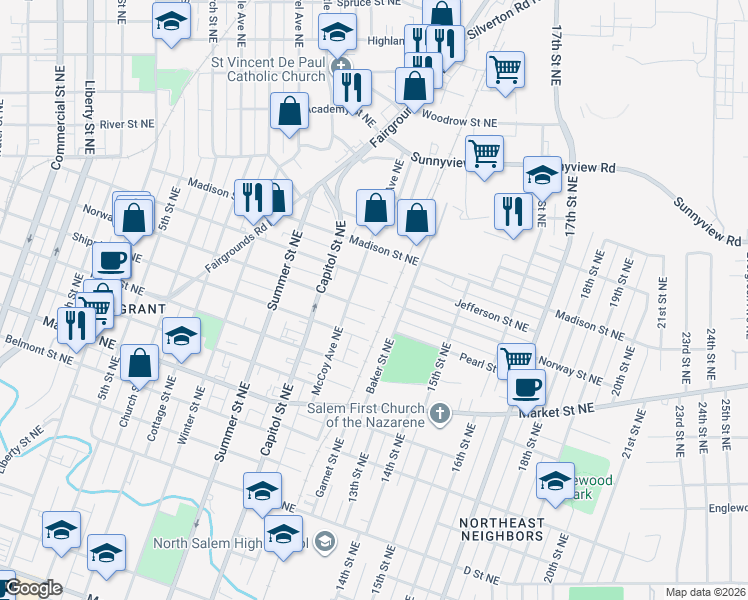 map of restaurants, bars, coffee shops, grocery stores, and more near 1170 Norway Street Northeast in Salem