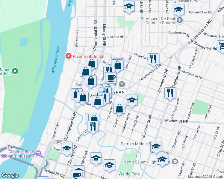map of restaurants, bars, coffee shops, grocery stores, and more near 1305 5th Street Northeast in Salem
