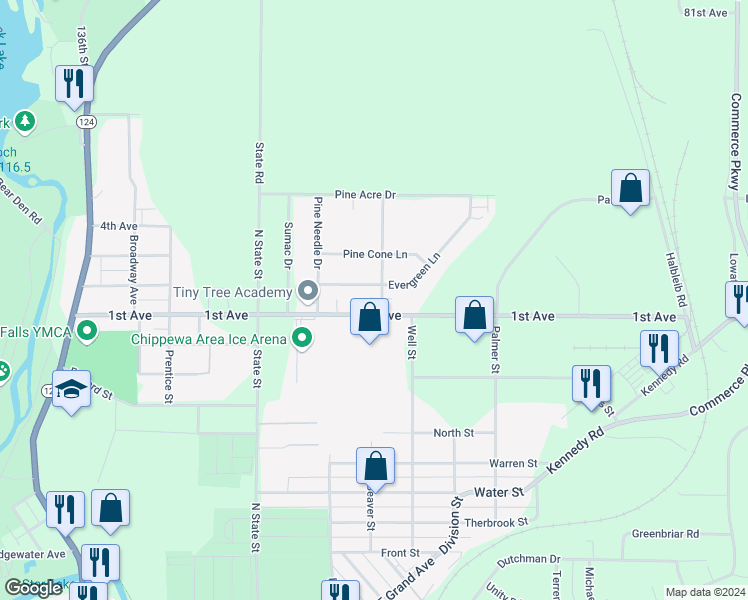 map of restaurants, bars, coffee shops, grocery stores, and more near 801 Whispering Pine Drive in Chippewa Falls