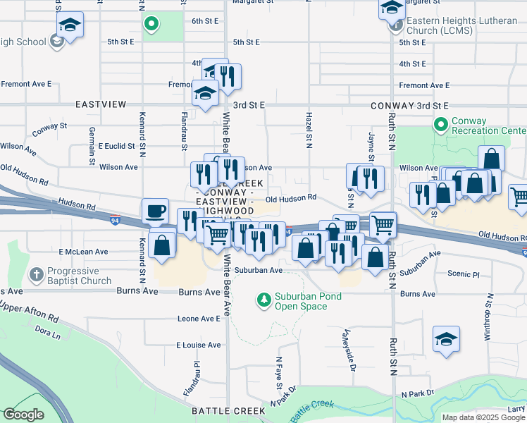map of restaurants, bars, coffee shops, grocery stores, and more near 1824 Old Hudson Road in Saint Paul