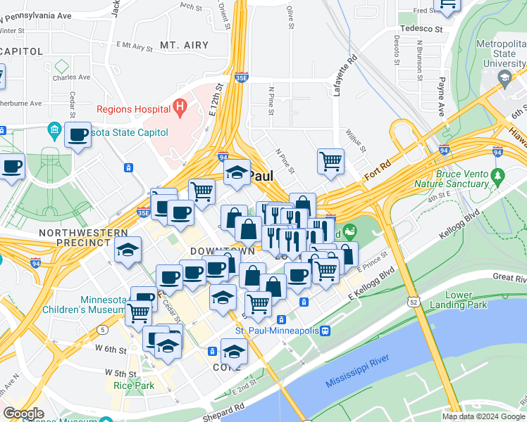 map of restaurants, bars, coffee shops, grocery stores, and more near 261 East 8th Street in Saint Paul