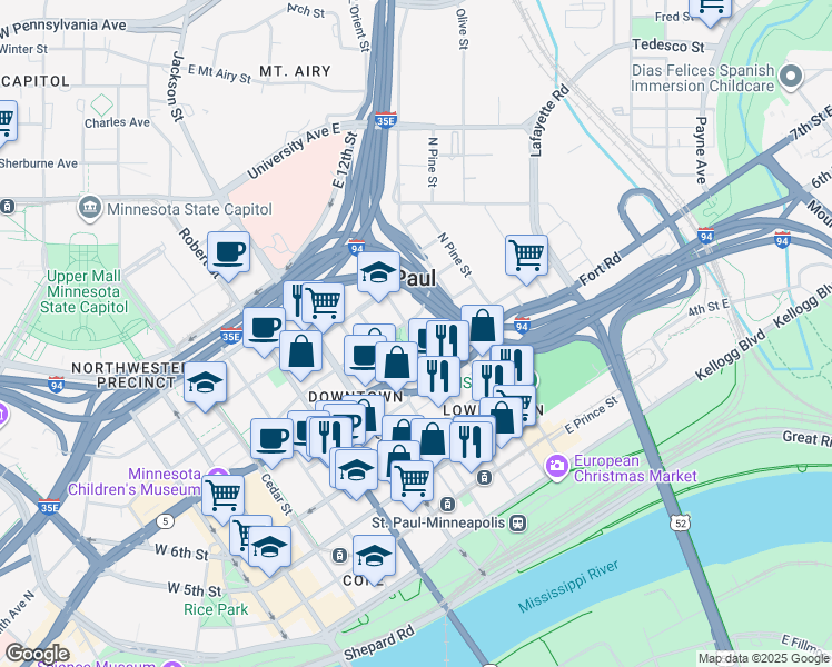 map of restaurants, bars, coffee shops, grocery stores, and more near in Saint Paul