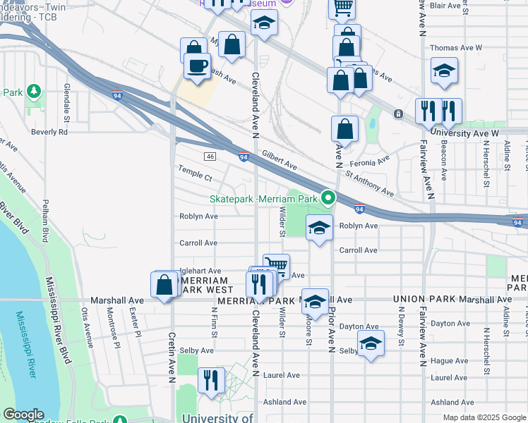 map of restaurants, bars, coffee shops, grocery stores, and more near in Saint Paul