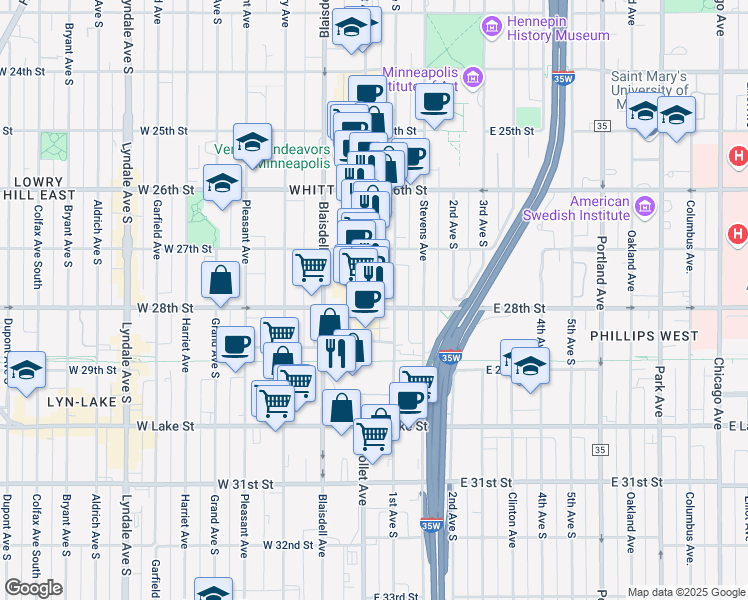 map of restaurants, bars, coffee shops, grocery stores, and more near 2745 Nicollet Avenue in Minneapolis
