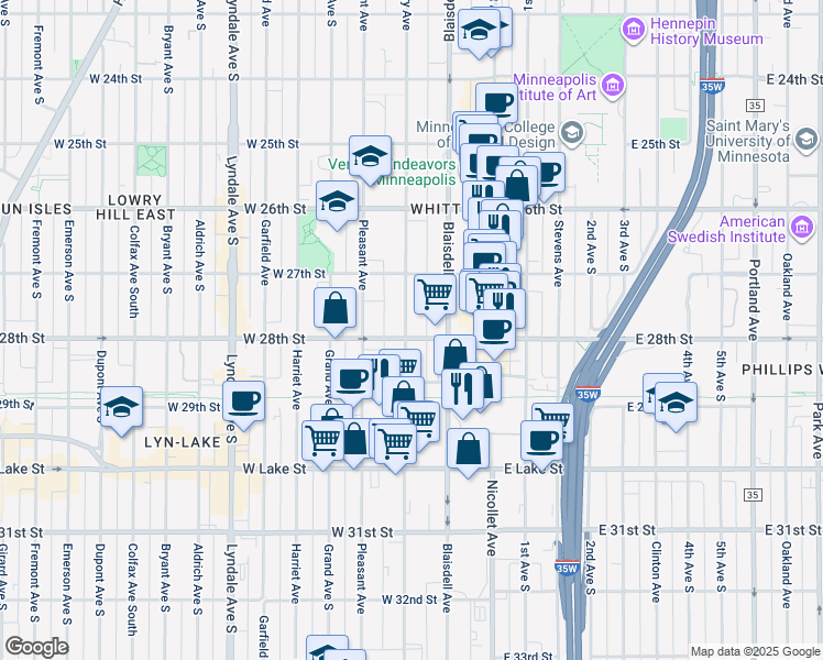 map of restaurants, bars, coffee shops, grocery stores, and more near 116 West 28th Street in Minneapolis