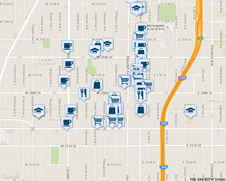 map of restaurants, bars, coffee shops, grocery stores, and more near 2750 Pillsbury Avenue in Minneapolis