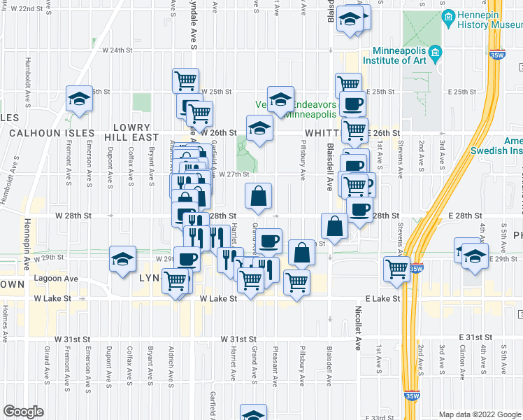 map of restaurants, bars, coffee shops, grocery stores, and more near 2745 Grand Avenue South in Minneapolis
