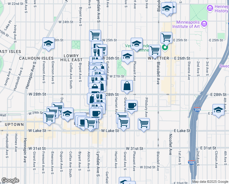 map of restaurants, bars, coffee shops, grocery stores, and more near in Minneapolis