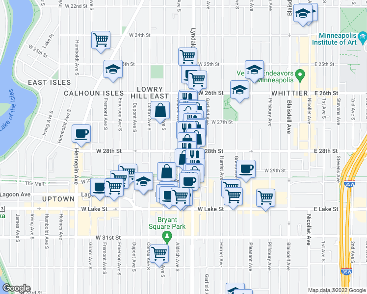 map of restaurants, bars, coffee shops, grocery stores, and more near 2756 Aldrich Avenue South in Minneapolis